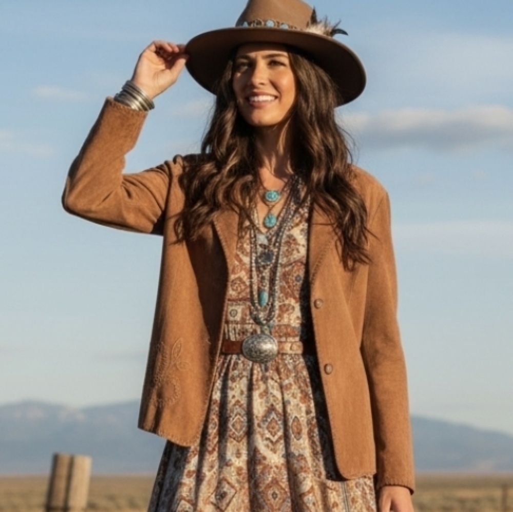 Wilsons Leather Vintage Embroidered Whip Stitch Suede Jacket Size L Boho Western